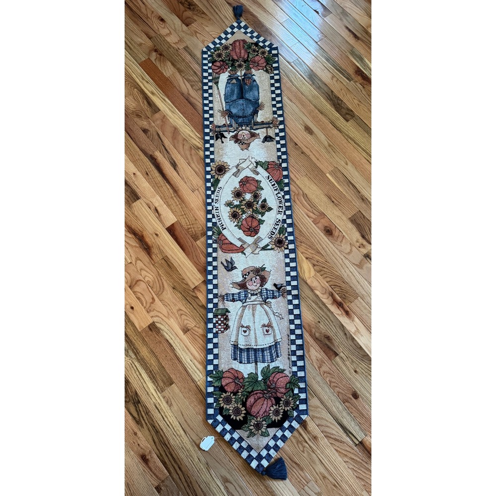 Sandy Evans Gore Woven Tapestry Table Runner Scarecrow Pumpkin Harvest 13x72 USA